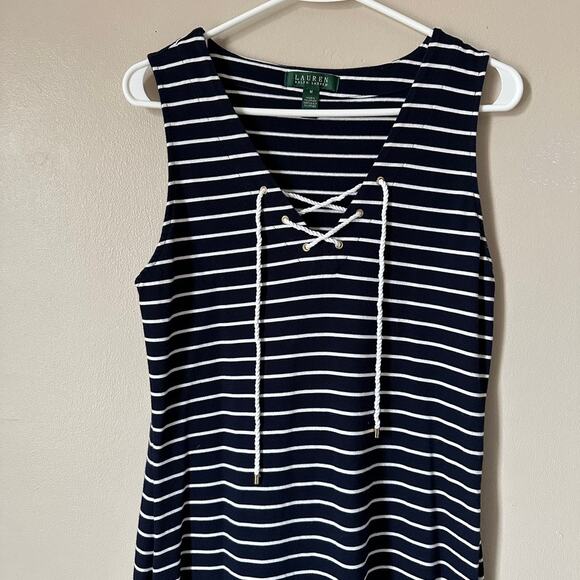 Lauren Ralph Lauren Dress Nautical Stripe Lace Up Sheath Sleeveless Summer MED - Picture 2 of 8
